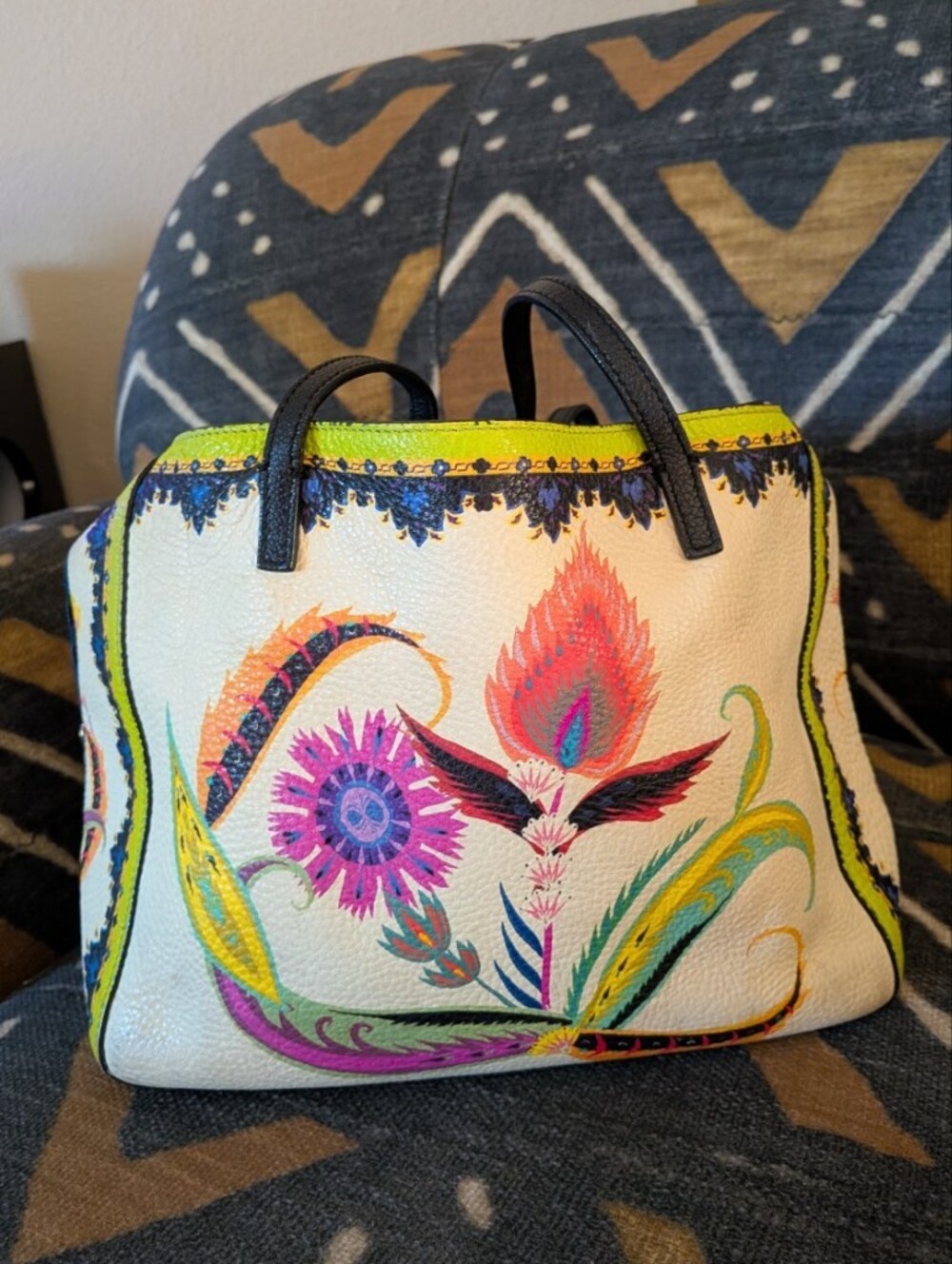 ETRO Italian Luxury Tote Bag Made In Milan, ULTRA Rare Pebbled Feather Boho 2017